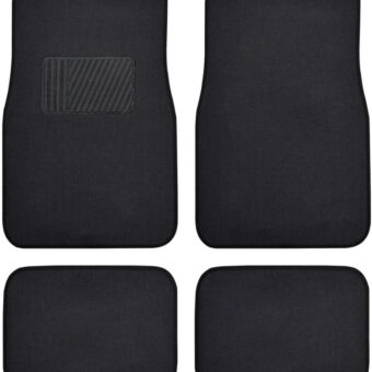 Premium 4PC Set of Carpet Car Floor Mats with Vinyl Safety Heel Pad for Car, Truck, SUV, Coupe Sedan, Black (MT-100-BK)