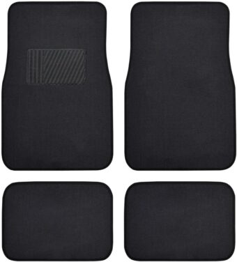 Premium 4PC Set of Carpet Car Floor Mats with Vinyl Safety Heel Pad for Car, Truck, SUV, Coupe Sedan, Black (MT-100-BK)