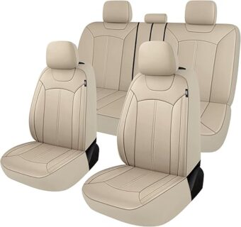 Premium Leather Car Seat Covers Full Set, Waterproof Full Seat and Split Rear Bench Seat Covers for Cars,Universal Automotive Interior Covers for Sedan SUV Truck Van Pick-up, Beige