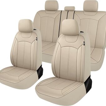 Premium Leather Car Seat Covers Full Set, Waterproof Full Seat and Split Rear Bench Seat Covers for Cars,Universal Automotive Interior Covers for Sedan SUV Truck Van Pick-up, Beige