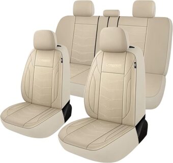 Premium Leather Car Seat Covers Full Set,Waterproof Split Bench Covers for Cars, Universal Car Interior Covers Seat Protectors for Sedans SUVs Pick-up Trucks(Beige)