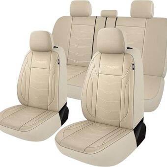 Premium Leather Car Seat Covers Full Set,Waterproof Split Bench Covers for Cars, Universal Car Interior Covers Seat Protectors for Sedans SUVs Pick-up Trucks(Beige)