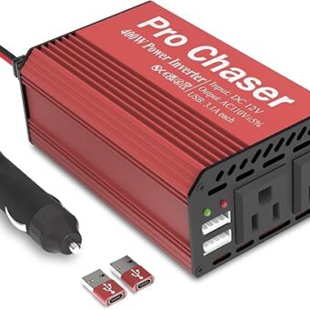 Pro Chaser 400W Car Power Inverter 12V DC to 110V AC Car Truck RV Inverter 6.2A Dual USB Charging Ports for Road Trips (USB C Adaptors Included) (Red)