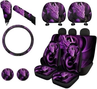 Purple Dragon Car Seat Cover Set with Car Headrest Covers for Women Steering Wheel Cover Cup Coaster Handbrake Cover + Gear Shift Knob Cover for SUV Truck Vans Sedans