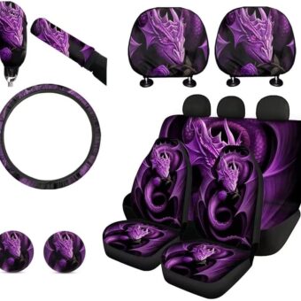 Purple Dragon Car Seat Cover Set with Car Headrest Covers for Women Steering Wheel Cover Cup Coaster Handbrake Cover + Gear Shift Knob Cover for SUV Truck Vans Sedans