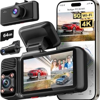 REDTIGER 4K 3 Channel Dash Cam 5G WiFi Built-in GPS with 64GB Card, 2160P+1080P+1080P Front and Rear Inside Loop Recording, Triple Car Camera with 3 Inch Screen, IR Night...