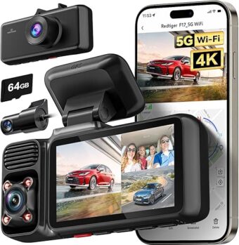 REDTIGER 4K 3 Channel Dash Cam 5G WiFi Built-in GPS with 64GB Card, 2160P+1080P+1080P Front and Rear Inside Loop Recording, Triple Car Camera with 3 Inch Screen, IR Night...