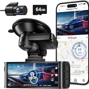 REDTIGER 4K Dash Cam Front and Rear, Touch Screen 3.18 Inch, 64GB Card Included, Car Dash Camera Built-in WiFi GPS, UHD 2160P Night Vision, WDR, Parking Monitor (F7N TOUCH)