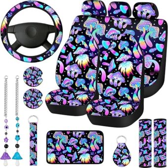 Riakrum 17 Pcs Mushroom Car Seat Covers Mushroom Car Accessories Full Set for Women Men Automotive Rear Front Seat Protector View Mirror Hanging Ornament Steering Wheel Belt...