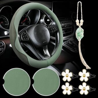 Sage Green Car Accessory Set - Steering Wheel Cover, Ceramic Mat, Daisy Flower Air Vent Clip Car Air Freshener, Crystal Car Hanging Ornament