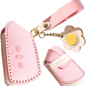 SANRILY 3 Button Key Fob Cover for VW ID.4 2020 2021 2022 Golf 8 Skoda Octavia Seat Leon MK4 Keyless Full Protection Fashion Leather Key Case with Flower Keychain Pink