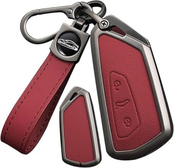 SANRILY Metal & Leather Fit for VW Key Fob Cover Case Compatible with VW ID.4 2023 ID.3 Golf 8 Skoda Octavia Seat Leon MK4 Keyless Key Protectorwith Leather Keychain Red