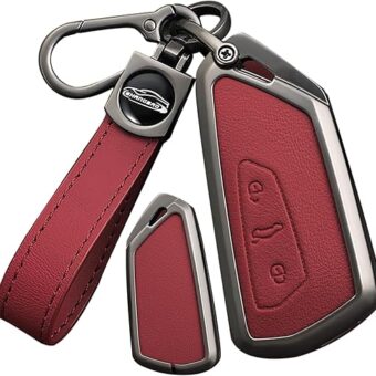 SANRILY Metal & Leather Fit for VW Key Fob Cover Case Compatible with VW ID.4 2023 ID.3 Golf 8 Skoda Octavia Seat Leon MK4 Keyless Key Protectorwith Leather Keychain Red