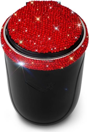 SAVORI Car Ashtray for Women Men, Portable Bling Cigarette Smokeless Cylinder Cup Holder with Blue LED Light Indicator Car Accessories (Red)