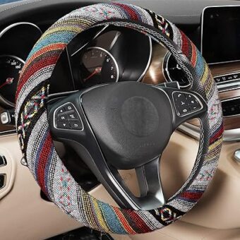 SEG Direct Boho Steering Wheel Cover with Baja Blanket Cloth, Ethnic Style Auto Wheel Cover Made of Coarse Flax, Fits 14 1/2-15 1/4 inches Car Wheel