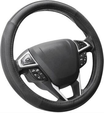 SEG Direct Car Steering Wheel Cover Universal Standard Size 14.5-15 inch, Black Microfiber Leather