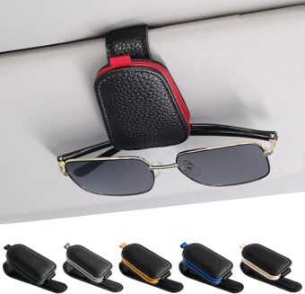 SINGARO Sunglasses Holder for Car, Leather Magnetic Buckle Sun Visor Sunglass Clip, Ticket Card Storage Glasses Clip, Car Interior Accessories for Men and Women（Black-red）