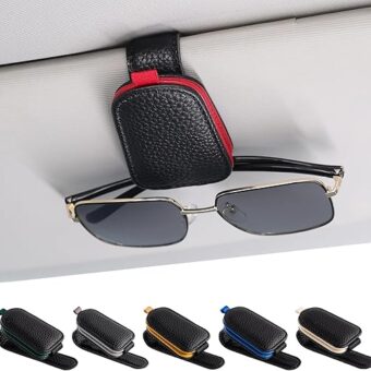 SINGARO Sunglasses Holder for Car, Leather Magnetic Buckle Sun Visor Sunglass Clip, Ticket Card Storage Glasses Clip, Car Interior Accessories for Men and Women（Black-red）