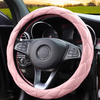 Soft Microfiber Leather Steering Wheel Cover, Universal 15 Inch for Women Girls, Fit Vehicles, Sedans, SUVs, Vans, Trucks - Light Pink