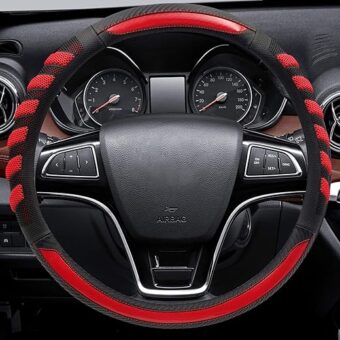 Sport Grip Style Dark Red Leather Steering Wheel Cover,Black ,Universal Fit 14.5-15.25 inch Steering Wheel