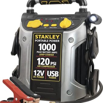 STANLEY J5C09 Portable Power Station Jump Starter 1000 Peak Amp Battery Booster, 120 PSI Air Compressor, USB Port, Battery Clamps