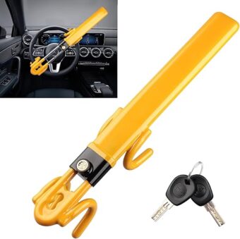 Steering Wheel Lock,Heavy Duty Anti-Theft Car Device with Double Hooks Design for Enhanced Vehicle Protection,Adjustable Length Locking with 2 Keys Universal Fit (Yellow)