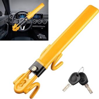 Steering Wheel Lock,Heavy Duty Anti-Theft Car Device with Double Hooks Design for Enhanced Vehicle Protection,Adjustable Length Locking with 2 Keys Universal Fit (Yellow)