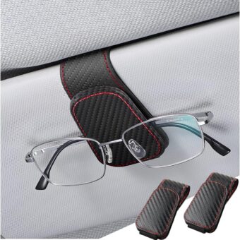 Sunglasses Holder for Car Sun Visor, 2 PCS Magnetic Leather Eyeglass Hanger, Sun Glasses Mount Clip on Visors, Ticket Card Cash Organizer, Auto Interior Accessories (Carbon Fiber)