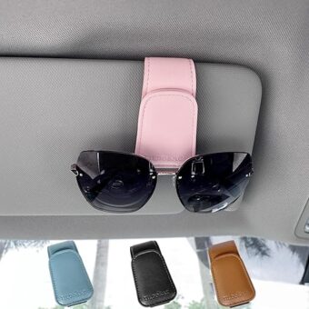 Sunglasses Holder for Car Visor, Leather Magnetic Sunglass Holder for Car with Clip, Pink