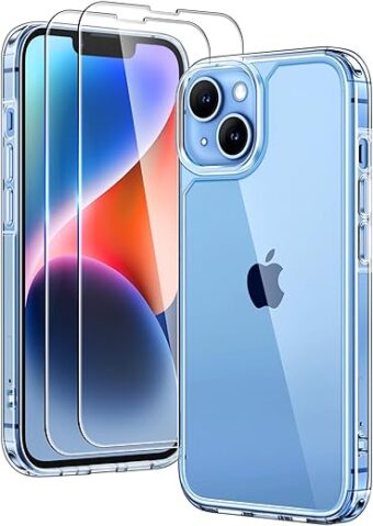 TAURI 3 in 1 for iPhone 14 Case Clear, [Not Yellowing] with 2X Screen Protectors, [Military-Grade Drop Protection] Shockproof Slim 14 Cover 6.1 Inch