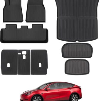 Tesla Model Y Floor Mats for 2024 2023 2022 2021, Foronetry 9PCS All Weather Full Set Cargo Liners Accessories, 3D TPE Odorless Floor Mat Trunk Frunk Rear Well Mats Custom for...