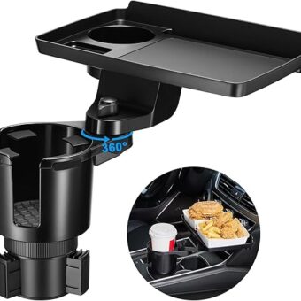 THIS HILL Cup Holder Tray for Car, 2 in 1 Detachable Car Food Table Tray with Solid Base & Phone Slot,Car Cup Holder Expander with 360°Rotation Tray for Travel Road Essentials