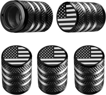 Tire Valve Stem Cap Cover - (5 Pack) Tire Air Cap Metal with Plastic Liner Corrosion Resistant Leak-Proof American Flag for Car Truck Motorcycle Bike Black