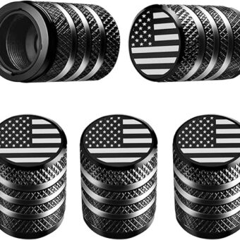 Tire Valve Stem Cap Cover - (5 Pack) Tire Air Cap Metal with Plastic Liner Corrosion Resistant Leak-Proof American Flag for Car Truck Motorcycle Bike Black