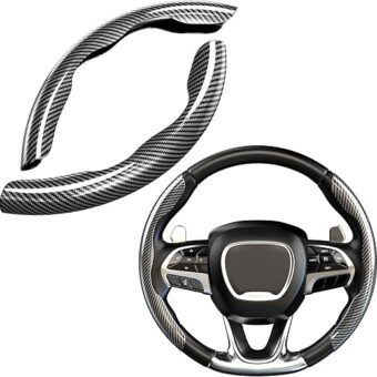 Universal Fit Carbon Fiber Steering Wheel Cover, Hard Car Steering Wheel Cover Protector, Segmented Non-Slip Carbon Fiber Car Wheel Cover Black