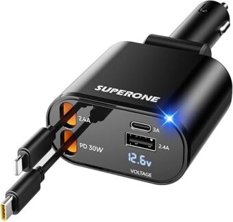 【Upgraded】 SUPERONE Retractable Car Charger 4 in 1, Fast Car Phone Charger with Cord 2.6ft, USB C and Apple Car Charger Adapter, Compatible with iPhone 15/15 Pro...