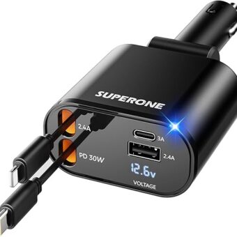 【Upgraded】 SUPERONE Retractable Car Charger 4 in 1, Fast Car Phone Charger with Cord 2.6ft, USB C and Apple Car Charger Adapter, Compatible with iPhone 15/15 Pro...