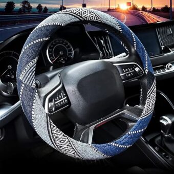 Valleycomfy Cloth Steering Wheel Covers for Women Bohemian Universal 15 inch Baja Blanket Enthic Blue