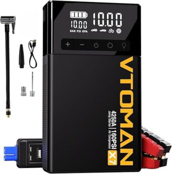 VTOMAN X7 Jump Starter with Air Compressor, 4250A Portable Car Jumper with 160PSI Digital Tire Inflator,12V Lithium Battery Charger Booster Box with Type-C Quick Charge (Up 10L...