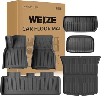 Weize Floor Mats for Tesla Model Y 5-Seat 2021-2023 2022 2024 All Weather TPE Cargo Liner Floor Mats and Cargo Trunk Mats Accessories, Set of 6 Mats (Not Fit 7-Seat)