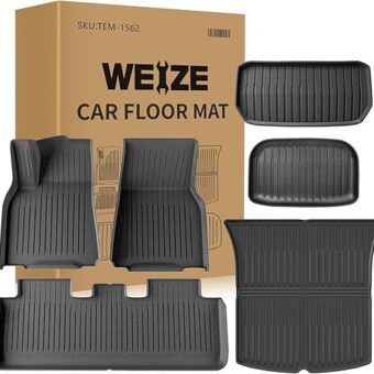 Weize Floor Mats for Tesla Model Y 5-Seat 2021-2023 2022 2024 All Weather TPE Cargo Liner Floor Mats and Cargo Trunk Mats Accessories, Set of 6 Mats (Not Fit 7-Seat)