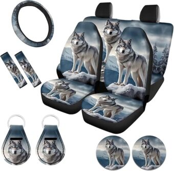 Wolf Car Seat Covers for Women Full Set Car Steering Wheel Cover+ Seat Belt Cover+ Cup Holder Coasters+ Keychain Auto Accessories Set Universal Fit Cool Wild Animal Grey