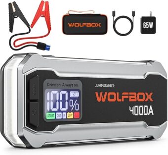 WOLFBOX 4000A Jump Starter,12V Car Battery Jump Starter with 65W Quick Charger,LED Display,24000mAh Portable Jump Starter Battery Pack(10L Gas 10L Diesel Engine) with...