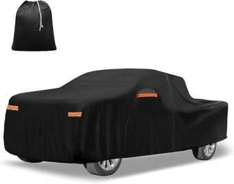 X AUTOHAUX Truck Car Cover for GMC Sierra Crew Cab 6.6ft Bed 2014-2023 210D-PU Oxford Outdoor Full Truck Car Cover with Driver Door Zipper Black