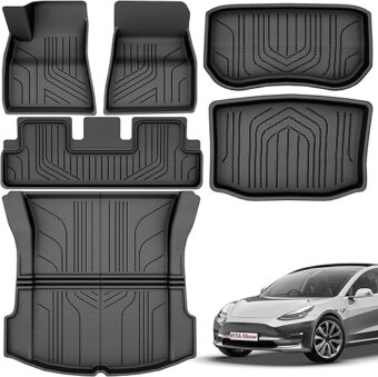 YITAMOTOR Tesla Model 3 Floor Mats Full Set Custom Fit 2020-2023 All-Weather Cargo Liners Rear Cargo Tray Trunk Floor Mat Interior Accessories, Black