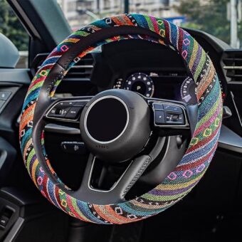 Boho Steering Wheel Cover Elastic Microfiber for Women, Hippie Steering Wheel Cover Ethnic Flax Cloth Universal Fit 15 inch for Cars, Truck, Van, SUV - （A-Colorful）