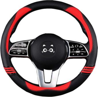 Iwantit® Steering Wheel Cover, Carbon Fiber&Perforated Leather with Anti-Slip Rubber Ring, Steering Wheel Protector, Universal Fit 14.5-15 inches for Cars,SUV (Passion Red)