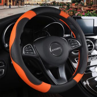 Leather Steering Wheel Cover, Breathable, Anti Slip & Odor Free, Black and Orange