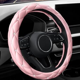 YOGURTCK Cute Diamond Soft Light Pink Leather Anti-Slip Steering Wheel Cover with Bling Bling Crystal Rhinestones, Universal 15 Inch for Women Girls, Fit Vehicles, Sedans, SUVs,...